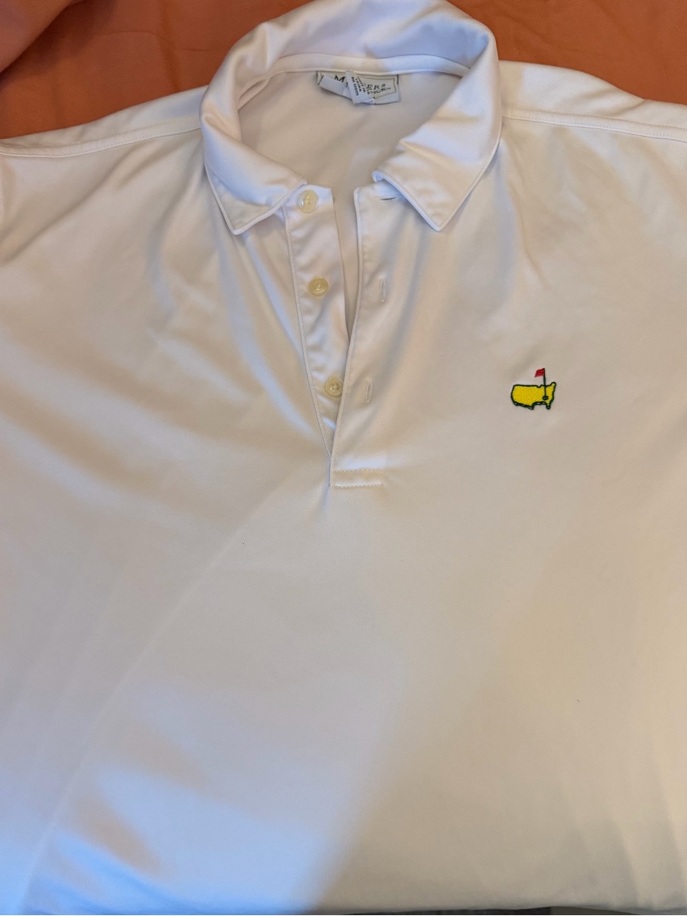 Masters White Polo with Yellow & Red Golf Emblem